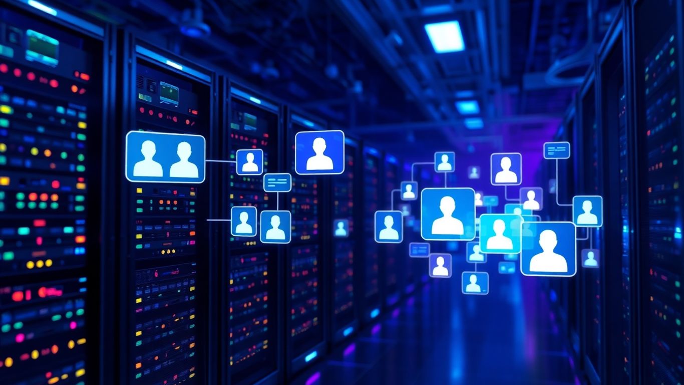 AI chatbot hosting services with digital interfaces and servers.