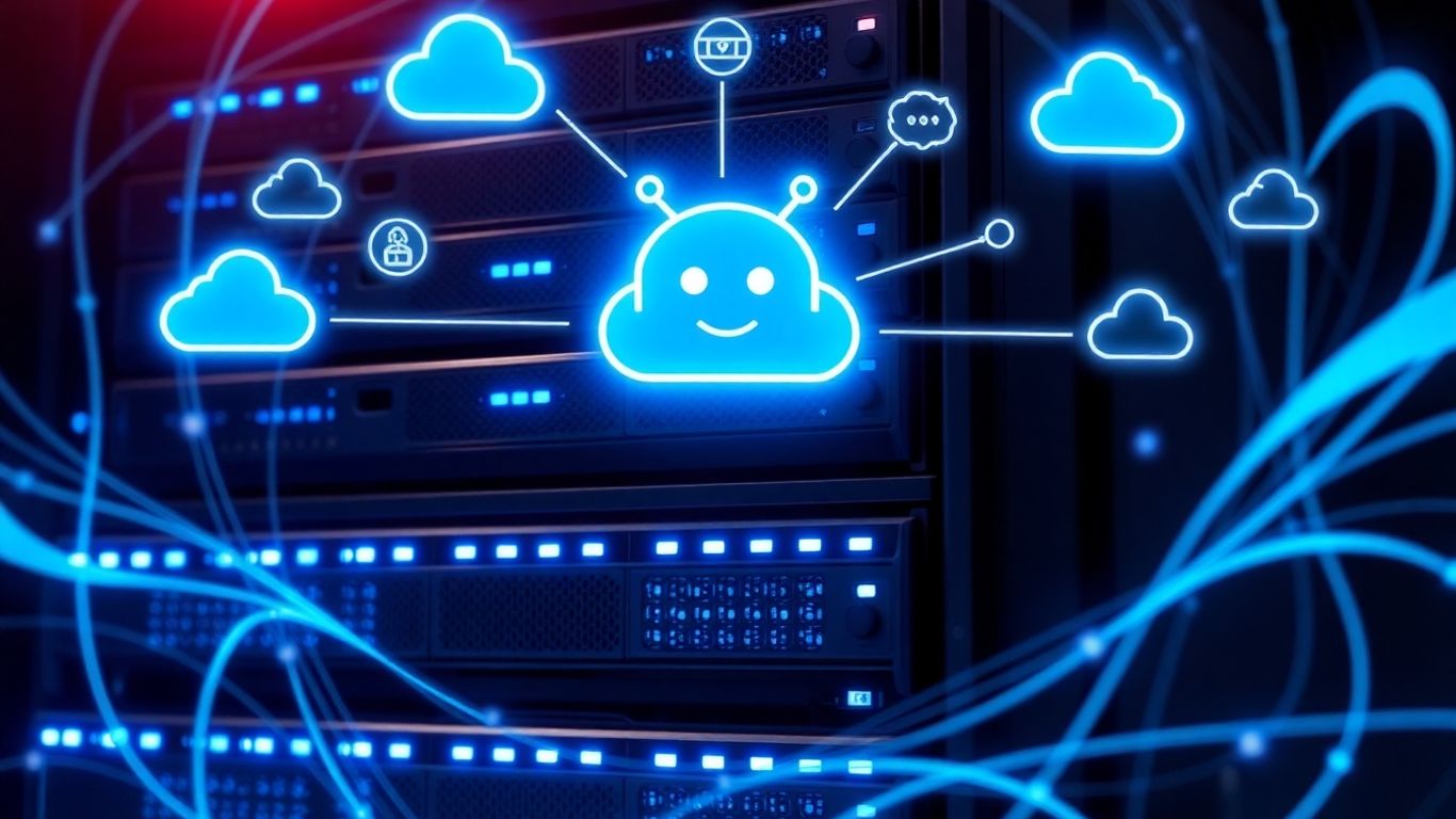 AI chatbot hosting and deployment visualized with servers and clouds.