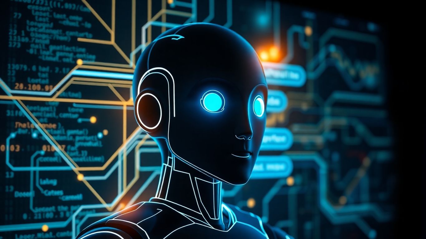 AI chatbot interface with glowing data streams and golden light.