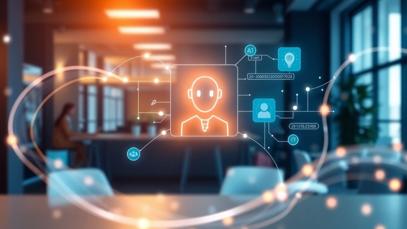 AI chatbot interface with glowing data streams.