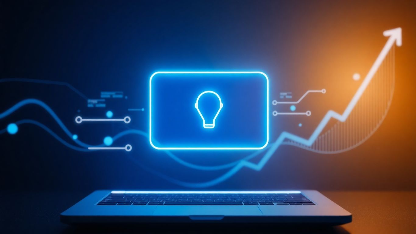 AI chatbot interface with data streams and upward trend.