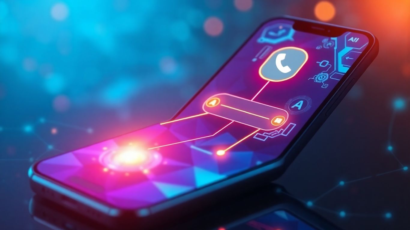 AI chatbot on a smartphone connected to a phone icon.