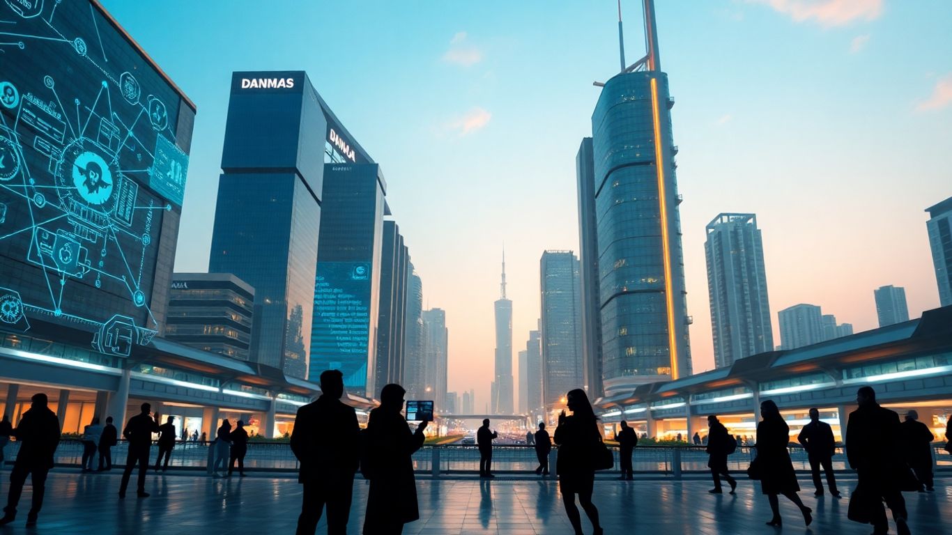 UAE cityscape with AI chatbot interfaces and people.