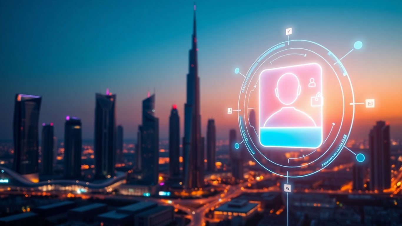 AI chatbot interface with Dubai skyline background.