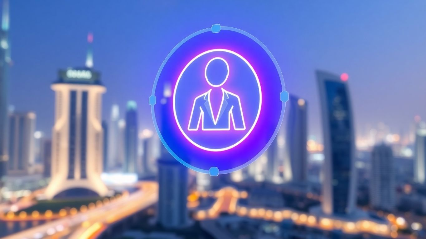 AI chatbot interface with holographic receptionist and Dubai cityscape.