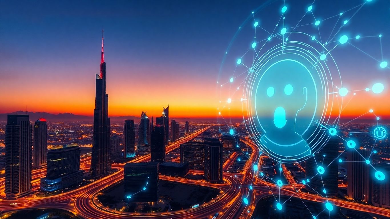 UAE cityscape with AI chatbot interface and neural network patterns.
