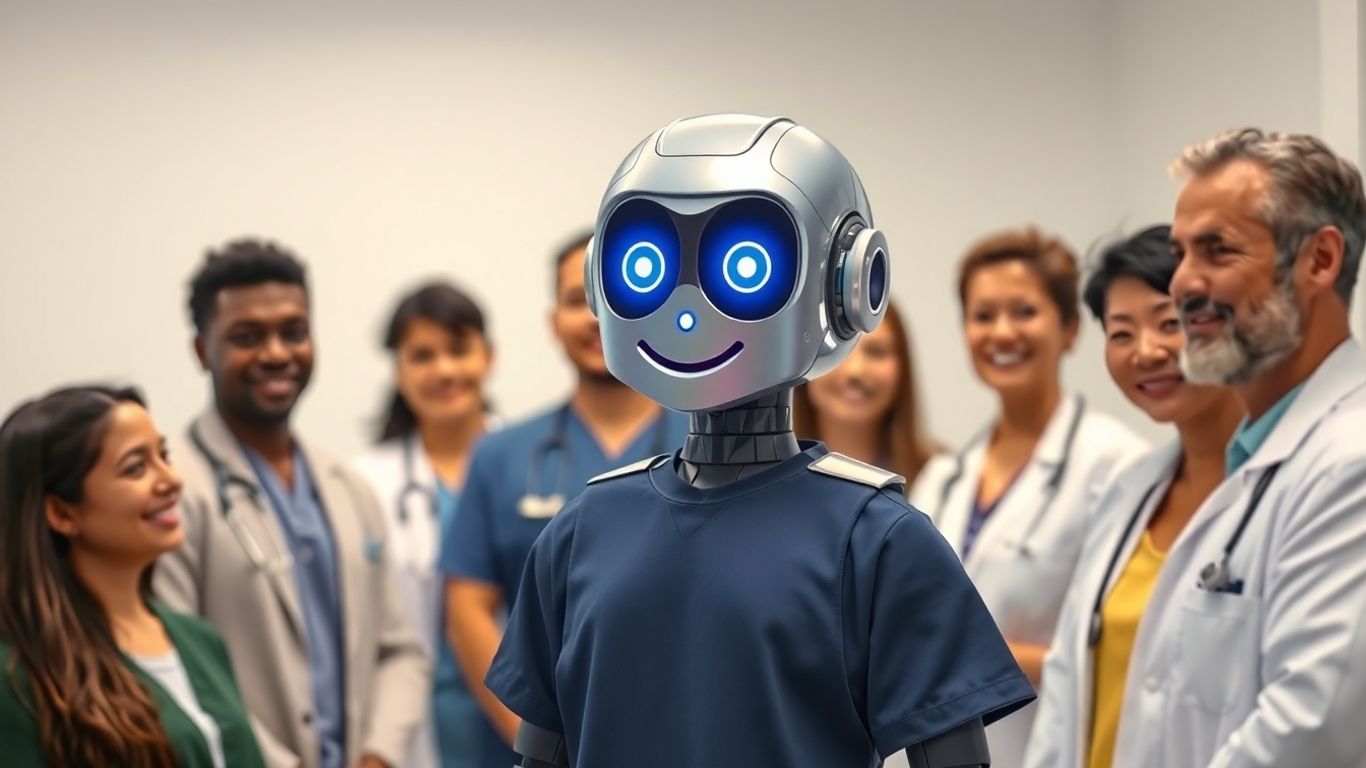 AI chatbot assisting diverse patients in a healthcare setting.