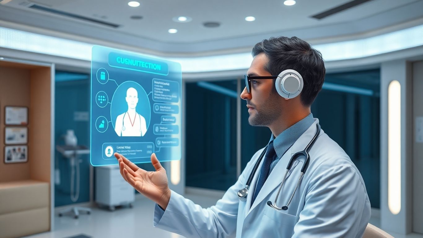 AI chatbot assisting doctor in futuristic medical room.