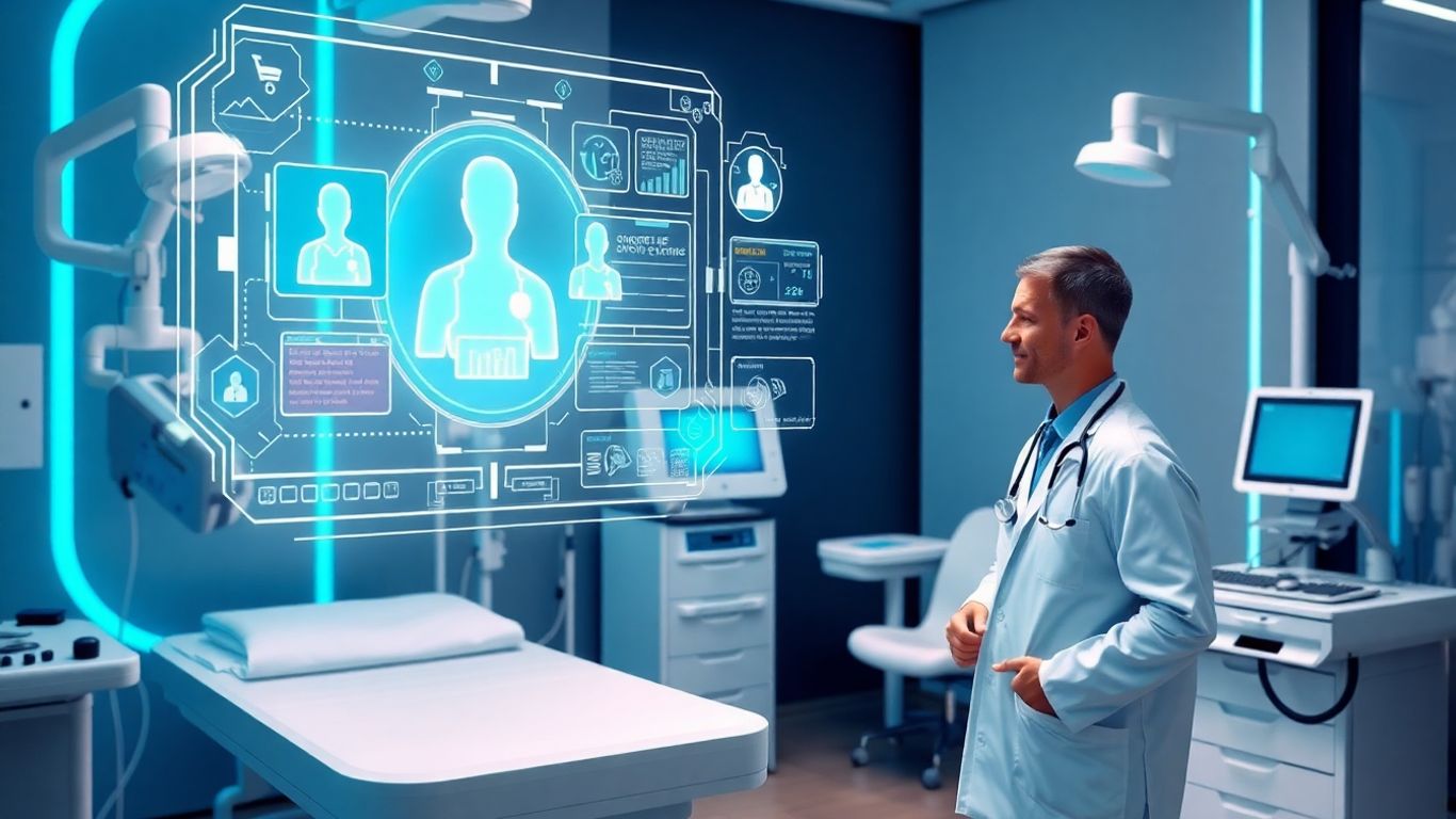 Doctor interacting with AI in futuristic medical room.