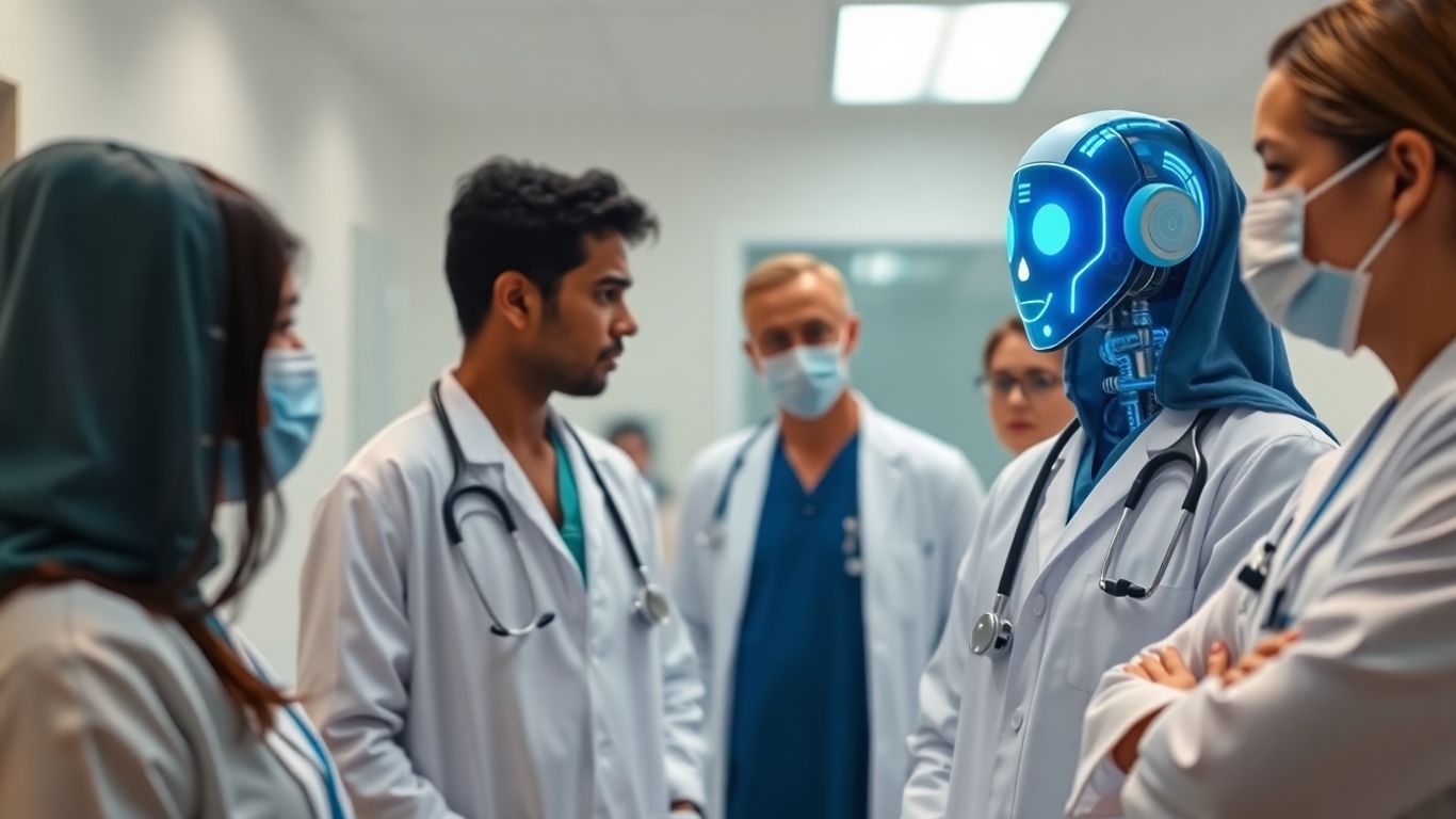 AI chatbot assisting healthcare professionals in a modern clinic.