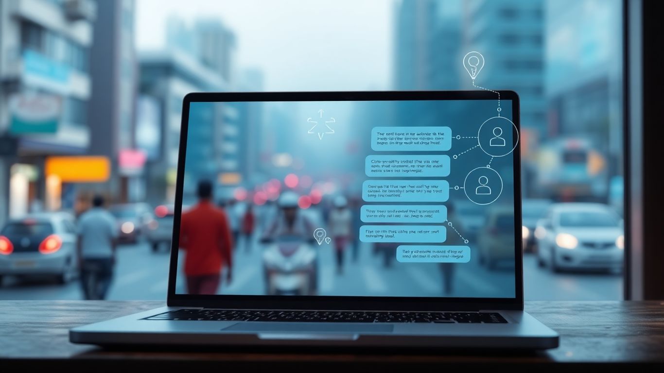 AI chatbot interface on laptop with Indian cityscape background.