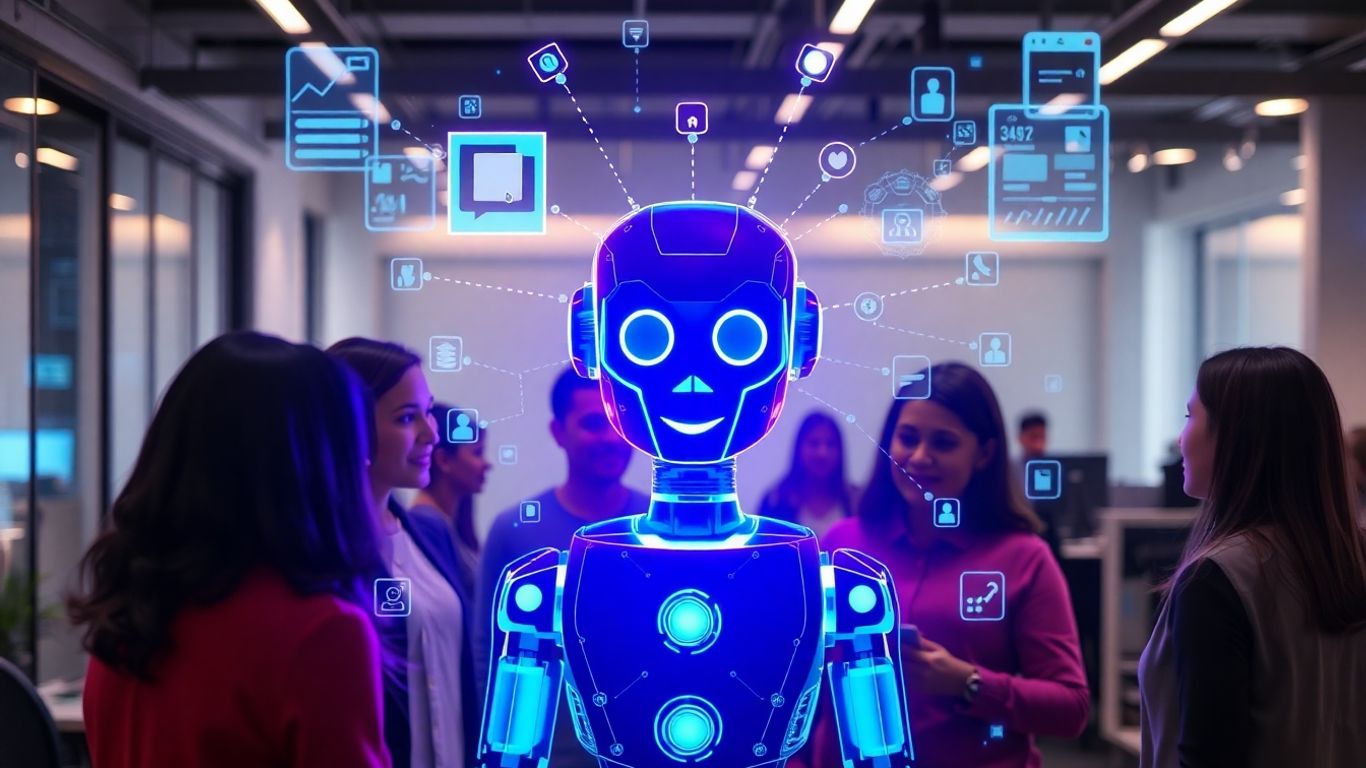 AI chatbot interface interacting with people in an office.