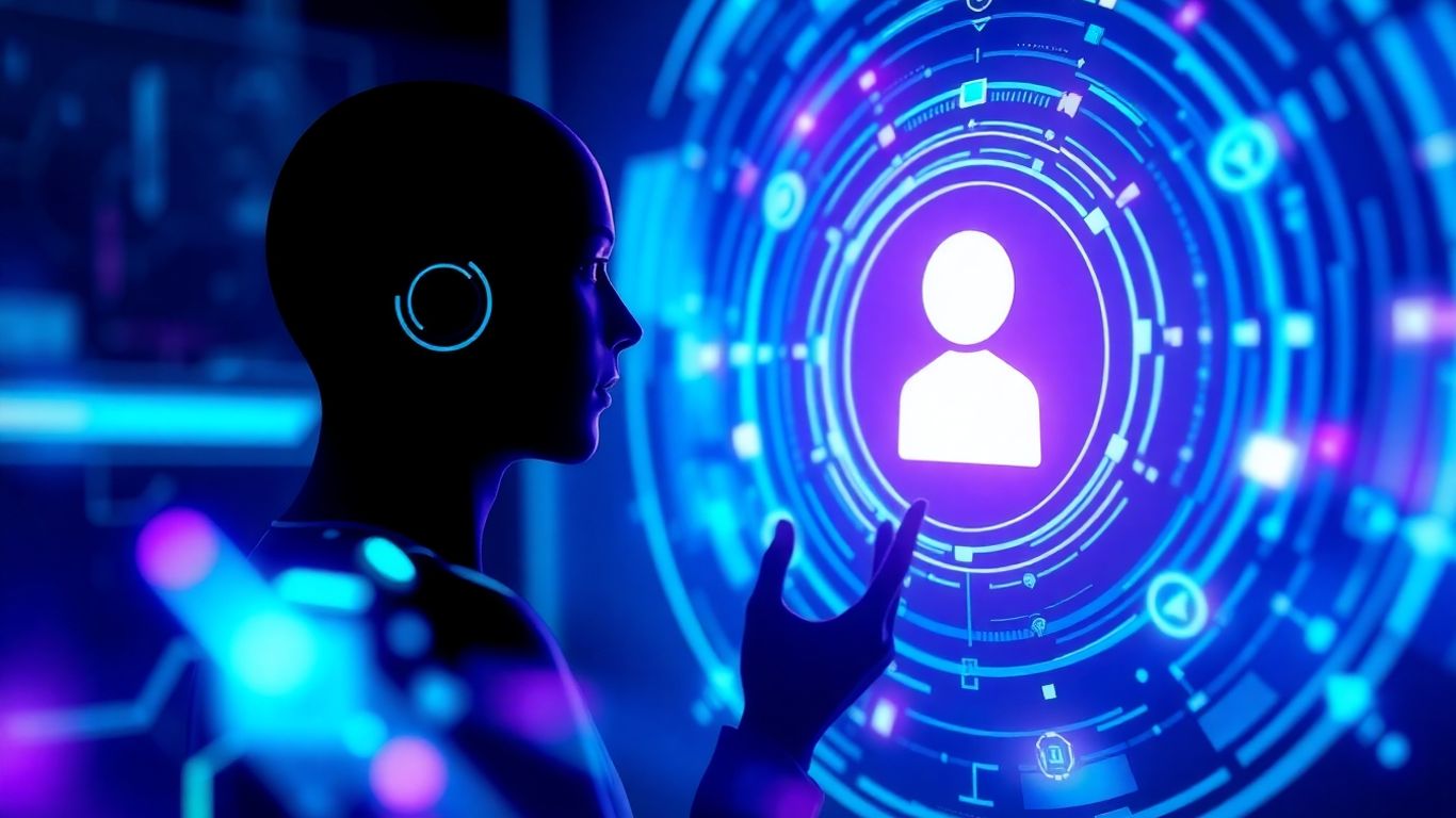 Futuristic AI chatbot interface with glowing patterns.