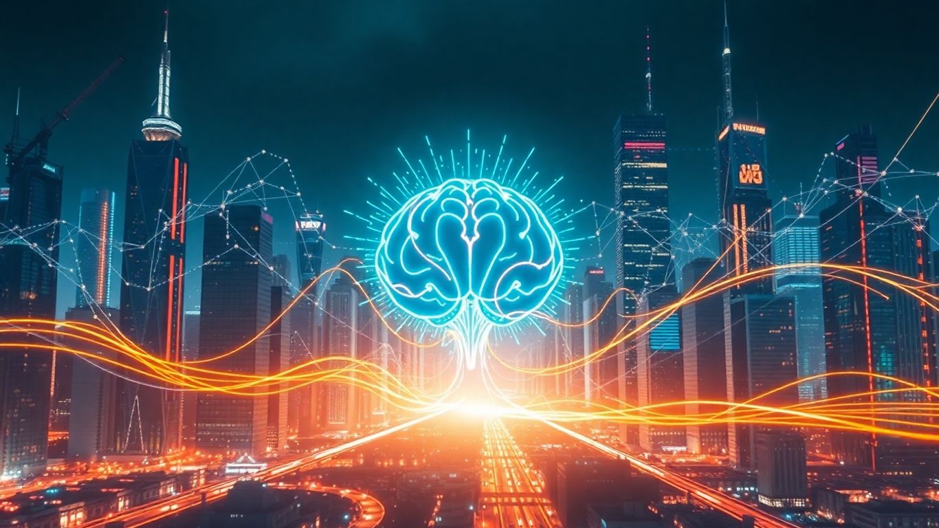 Futuristic AI cityscape with glowing neural networks.