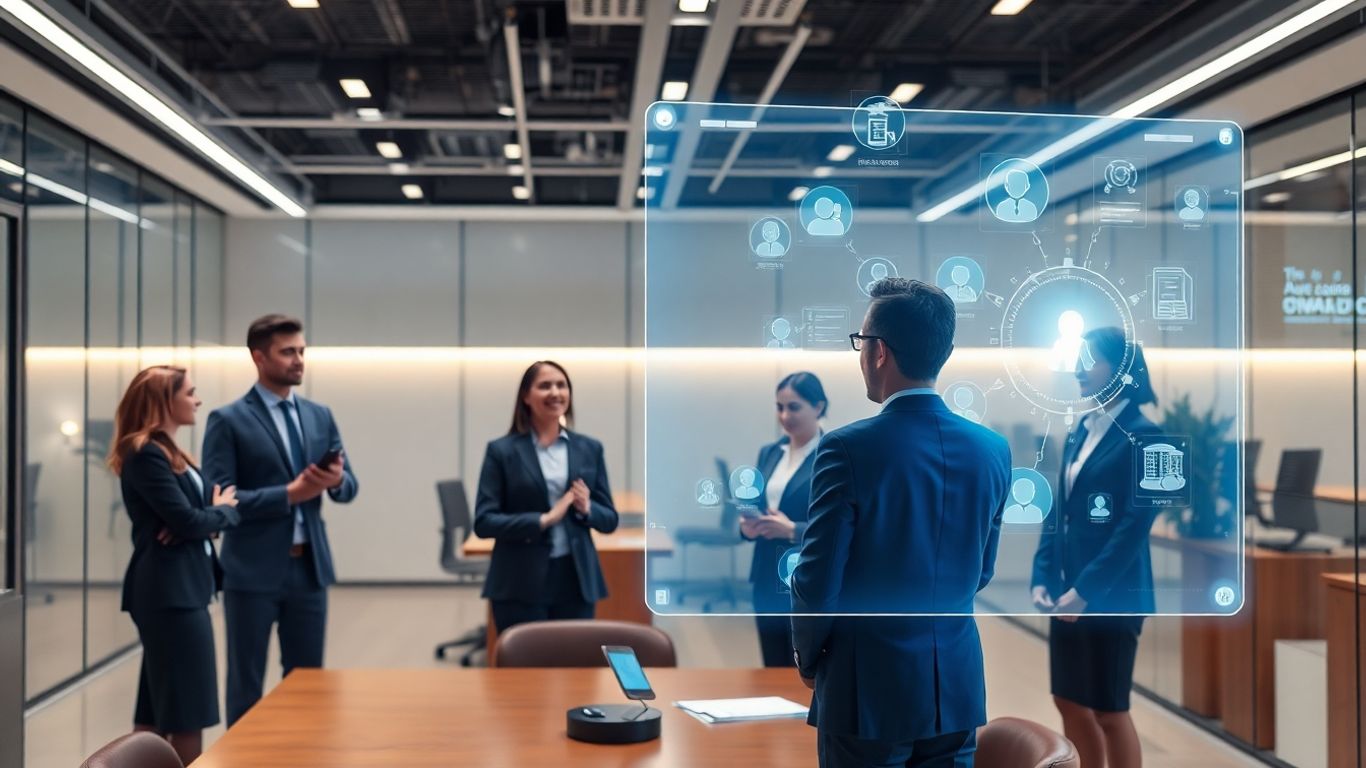 AI chatbot assisting legal professionals in a modern office.