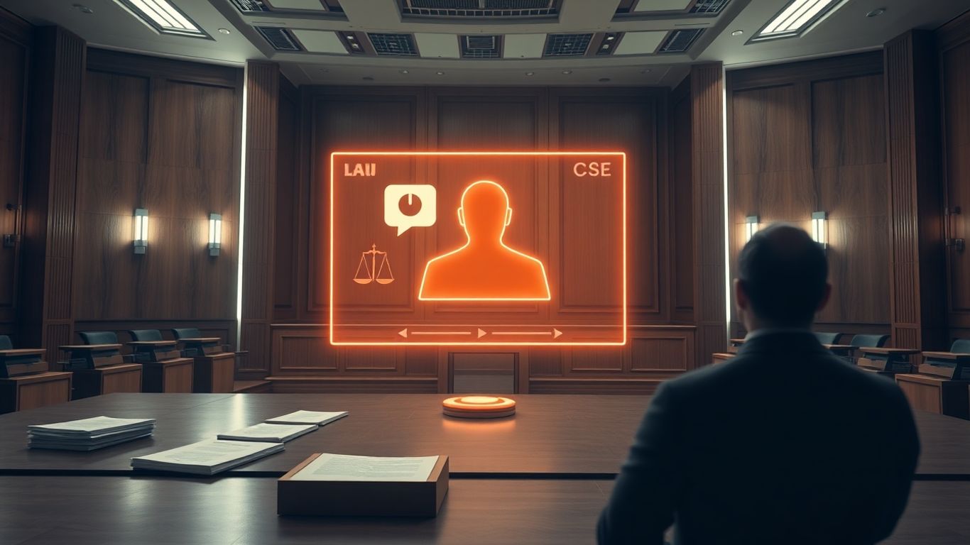 AI chatbot in a futuristic courtroom.