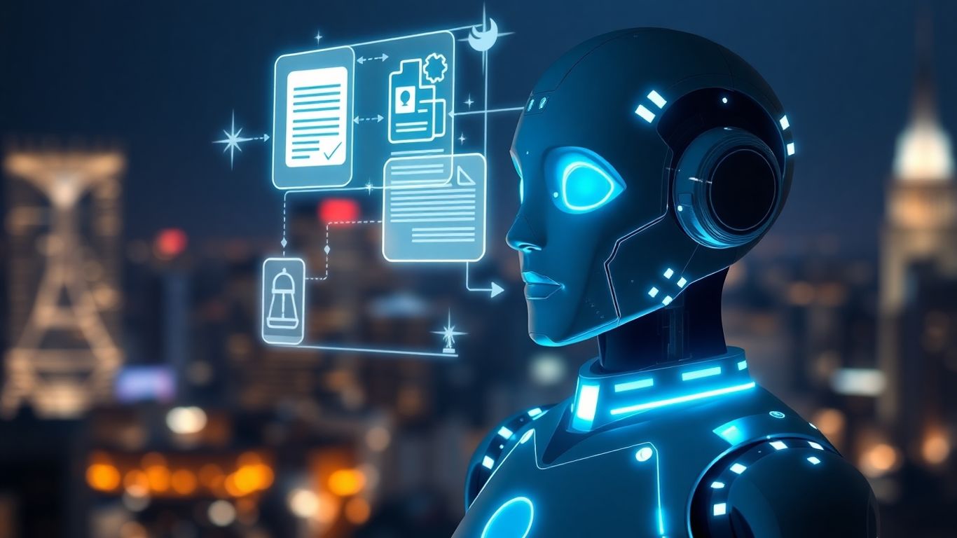 AI chatbot interface with legal documents and data streams.