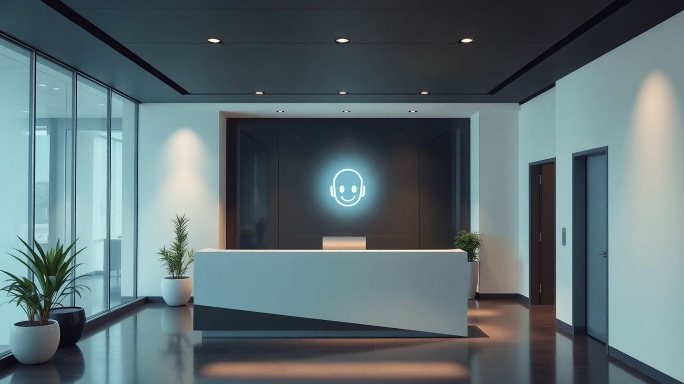 AI avatar at a modern office reception desk.