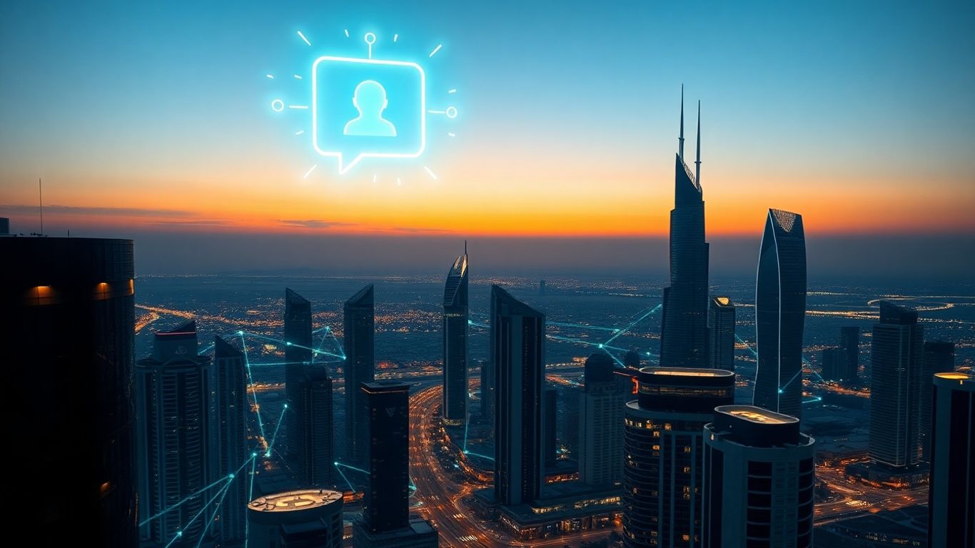 UAE cityscape with futuristic AI chatbot interface.