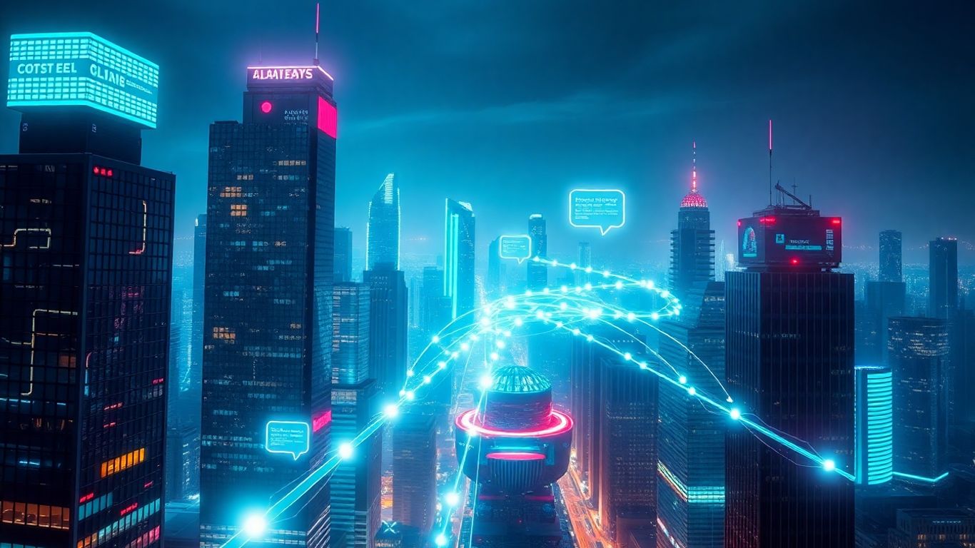 AI chatbots and digital pathways in a futuristic cityscape.