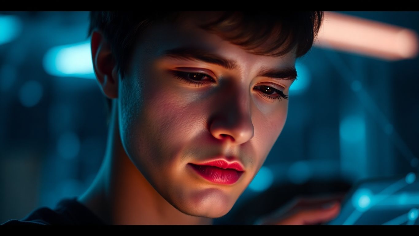 Person interacting with futuristic AI chatbot interface.