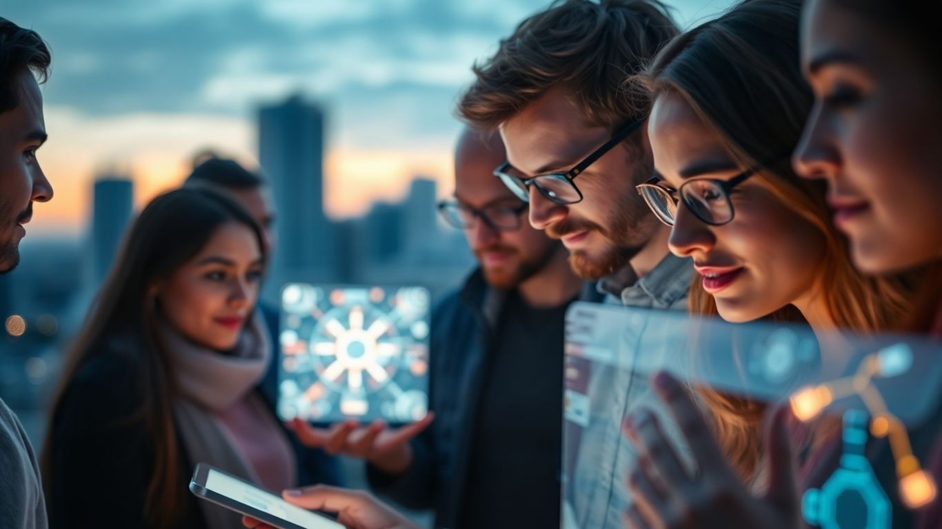 People interacting with futuristic AI chatbot interfaces.