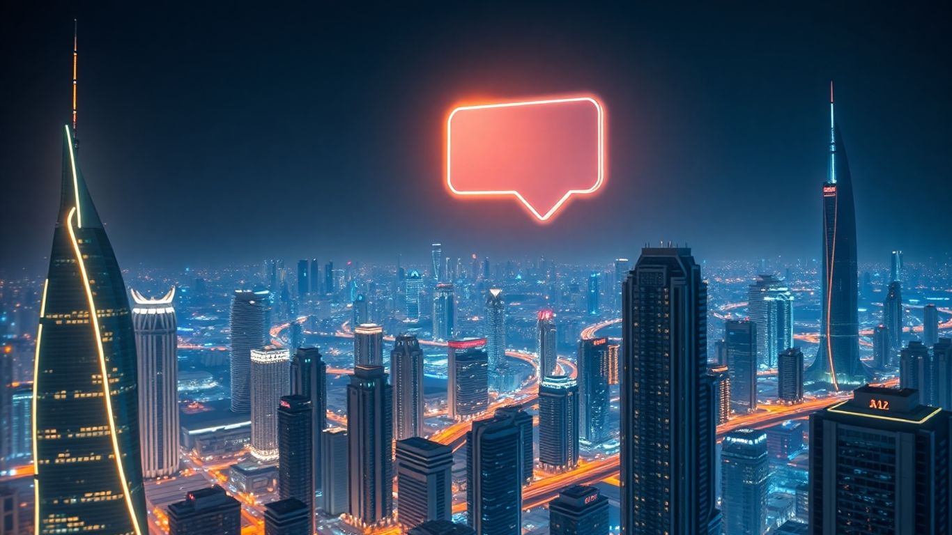 AI chatbot interface over futuristic Dubai cityscape.