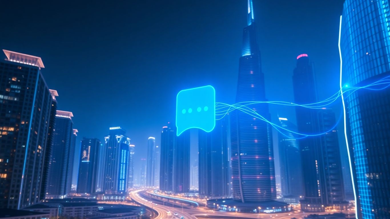 Dubai skyline with AI chatbot interface.
