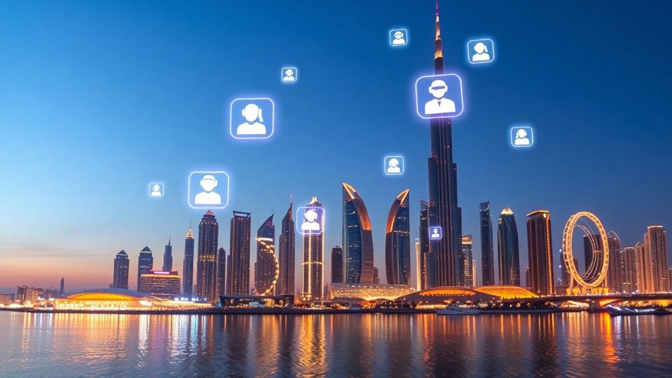 Dubai skyline with futuristic AI chatbot interface.