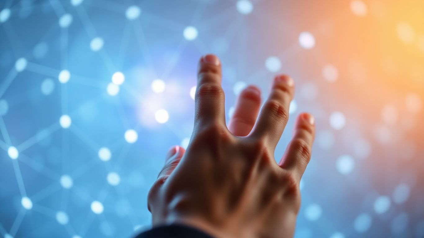 Human hand interacting with a glowing AI interface.