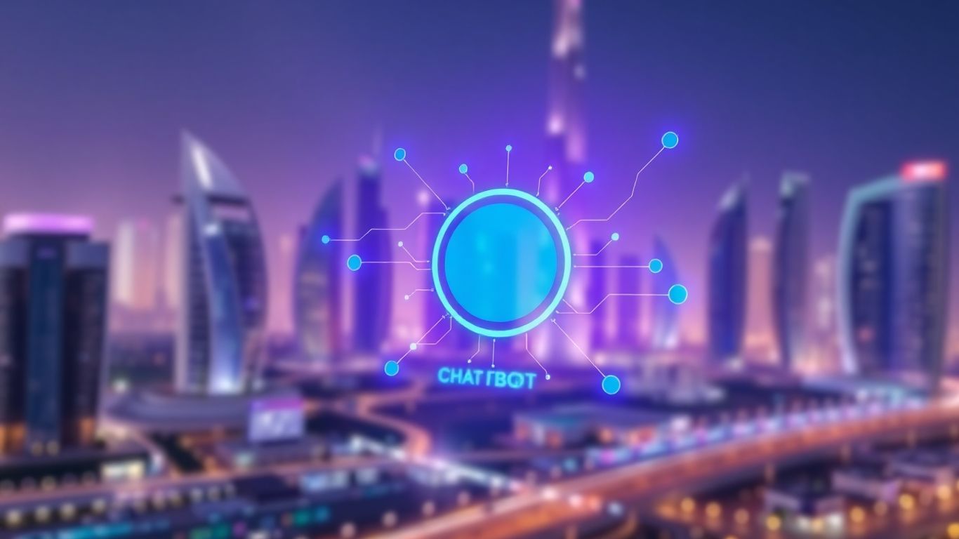 AI chatbot interface glowing with Dubai cityscape background.