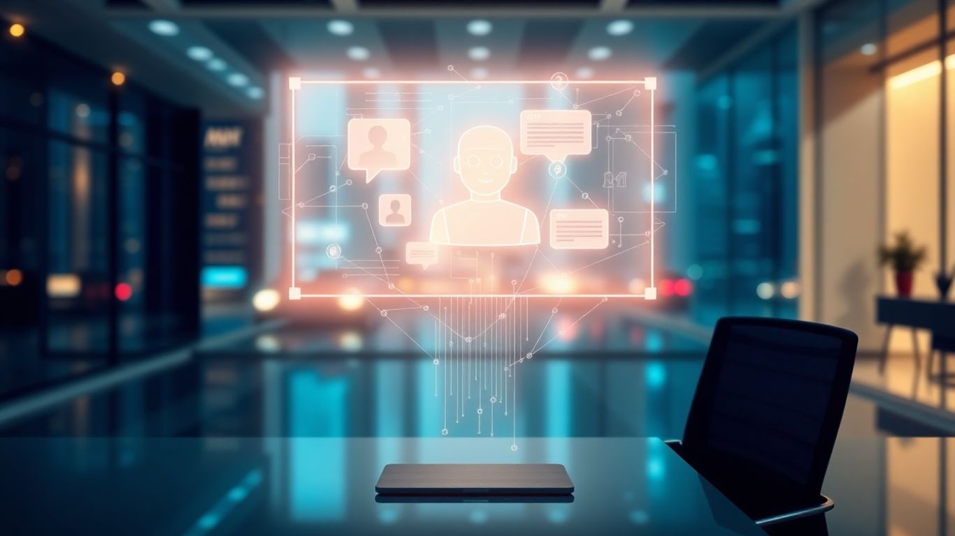 AI chatbot interface above a desk in a Dubai office.