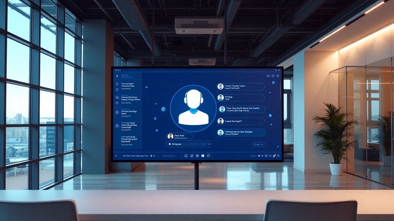 Innobayt Solutions AI chatbot interface in a modern office.
