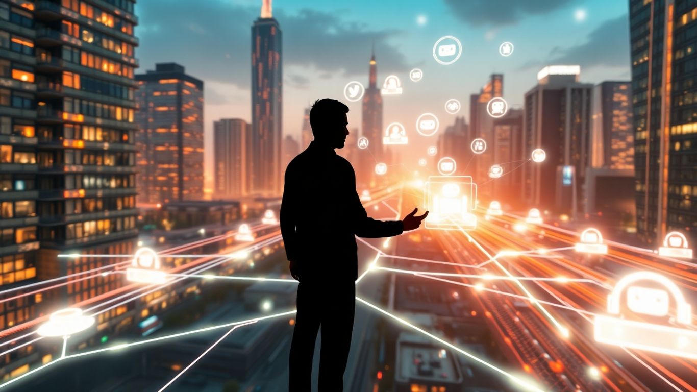 Futuristic AI chatbot development with glowing interfaces.