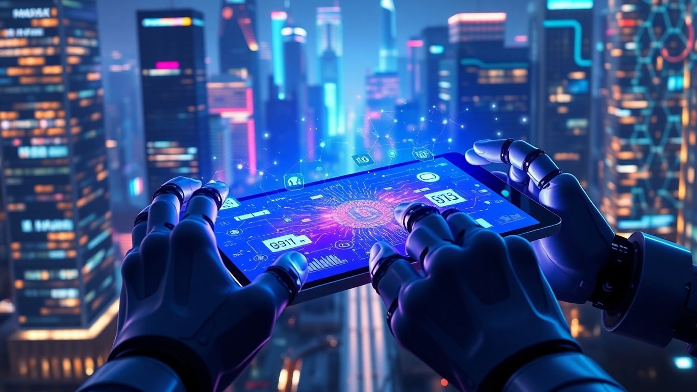 AI building apps on futuristic screens