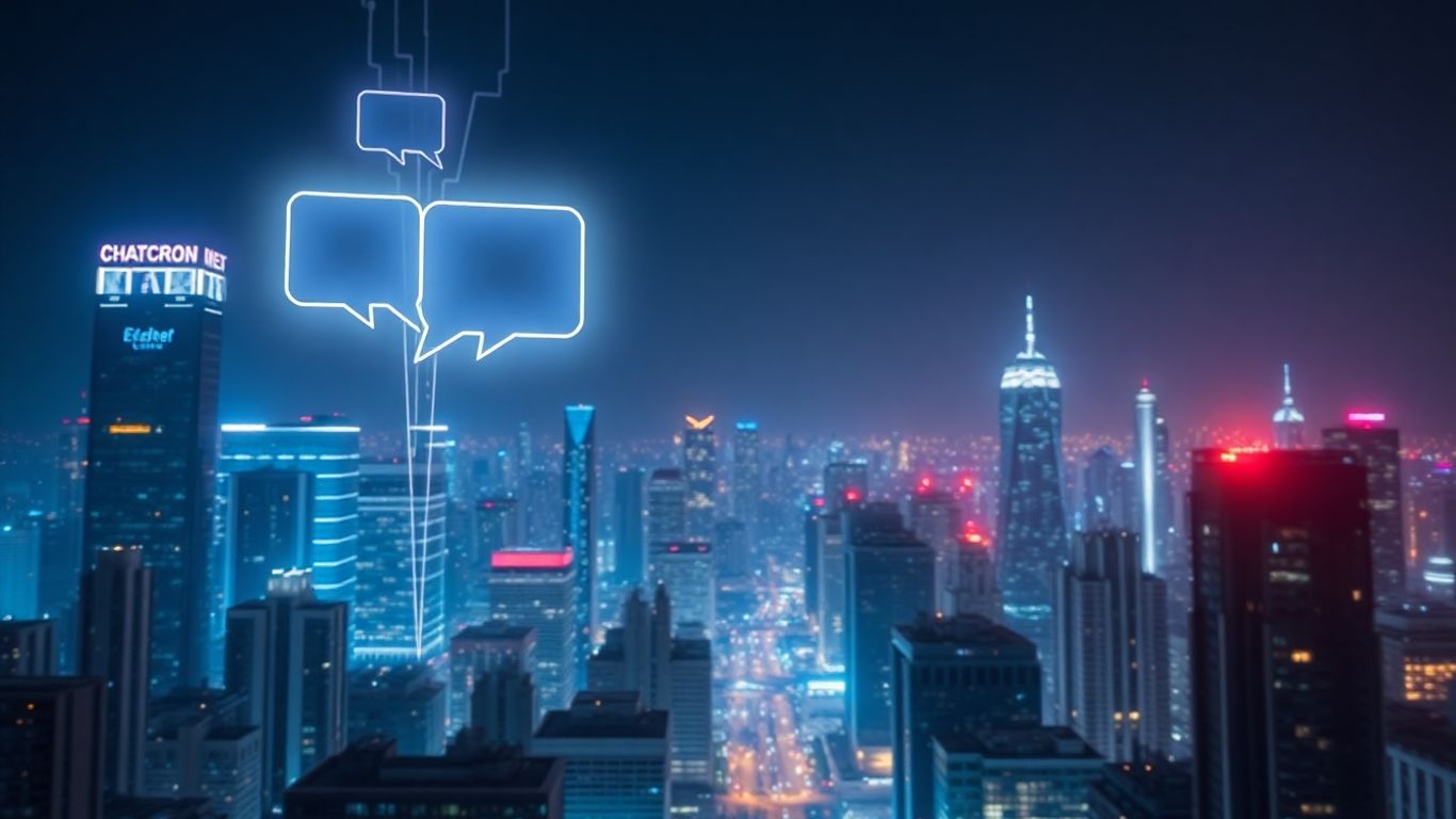 Futuristic cityscape with glowing digital connections and chatbot interface.