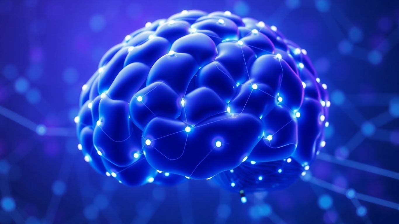 Futuristic AI brain with glowing nodes.