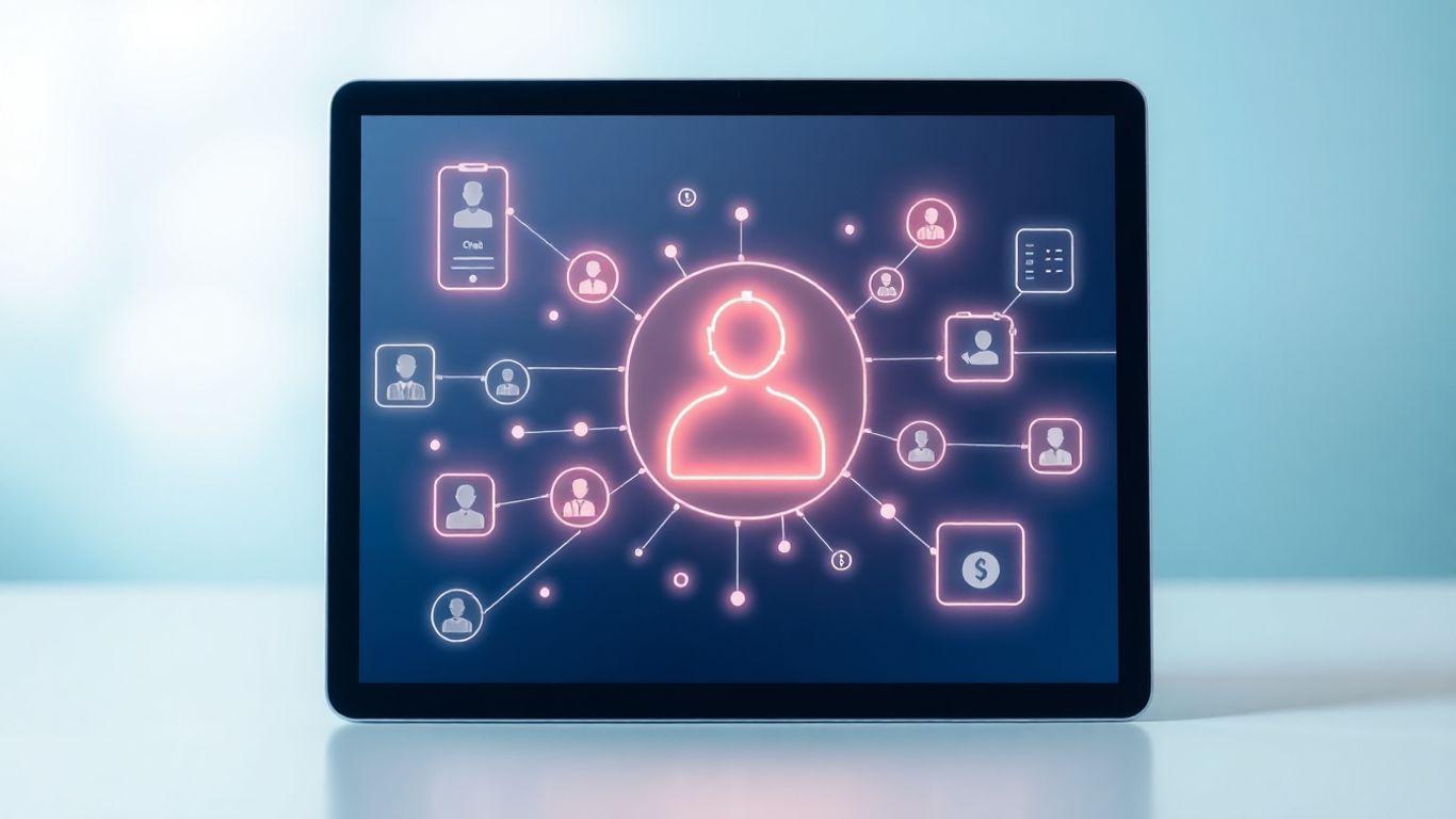 Chatbot interface on a tablet with connecting digital lines.