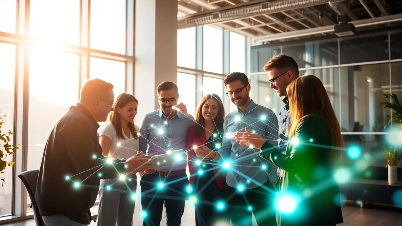 AI chatbot development team collaborating on holographic interface.