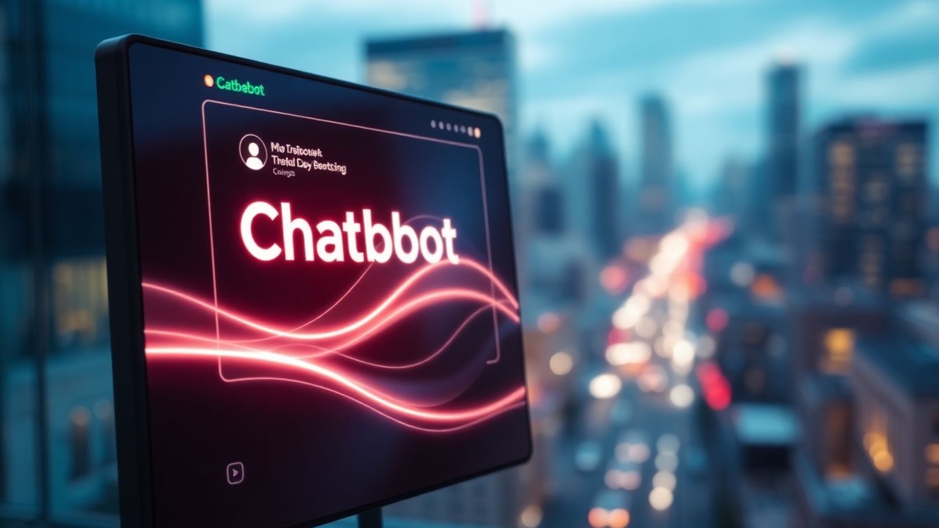 AI chatbot interface on a digital screen with cityscape background.