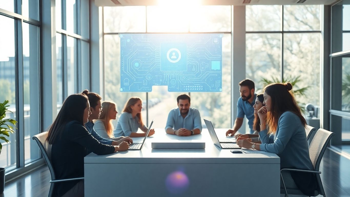 AI chatbot interface hovering over a business meeting.