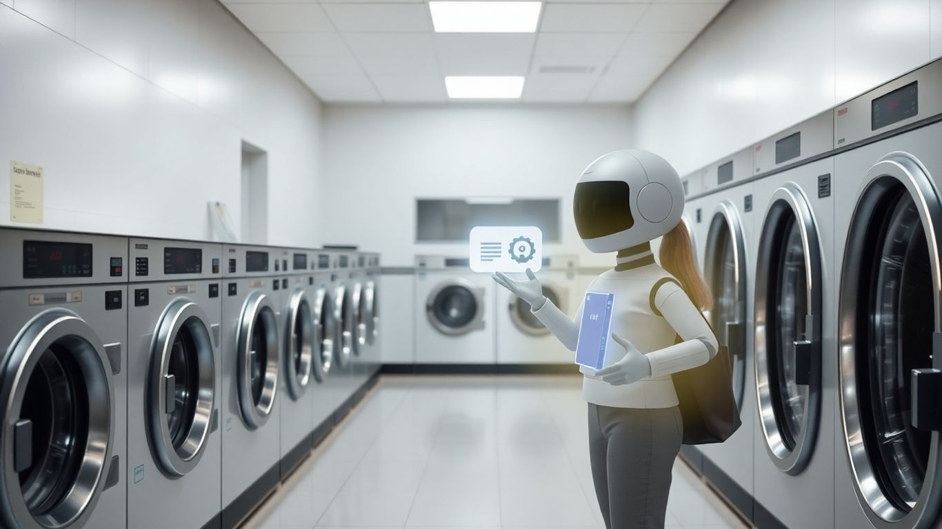 AI chatbot assisting customer in a modern laundromat.