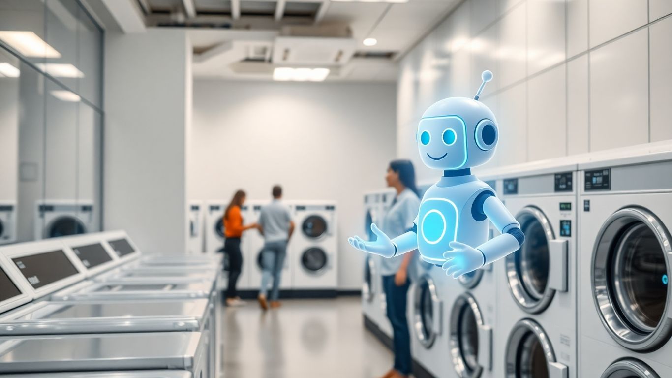 AI chatbot assisting customer in a modern laundromat.