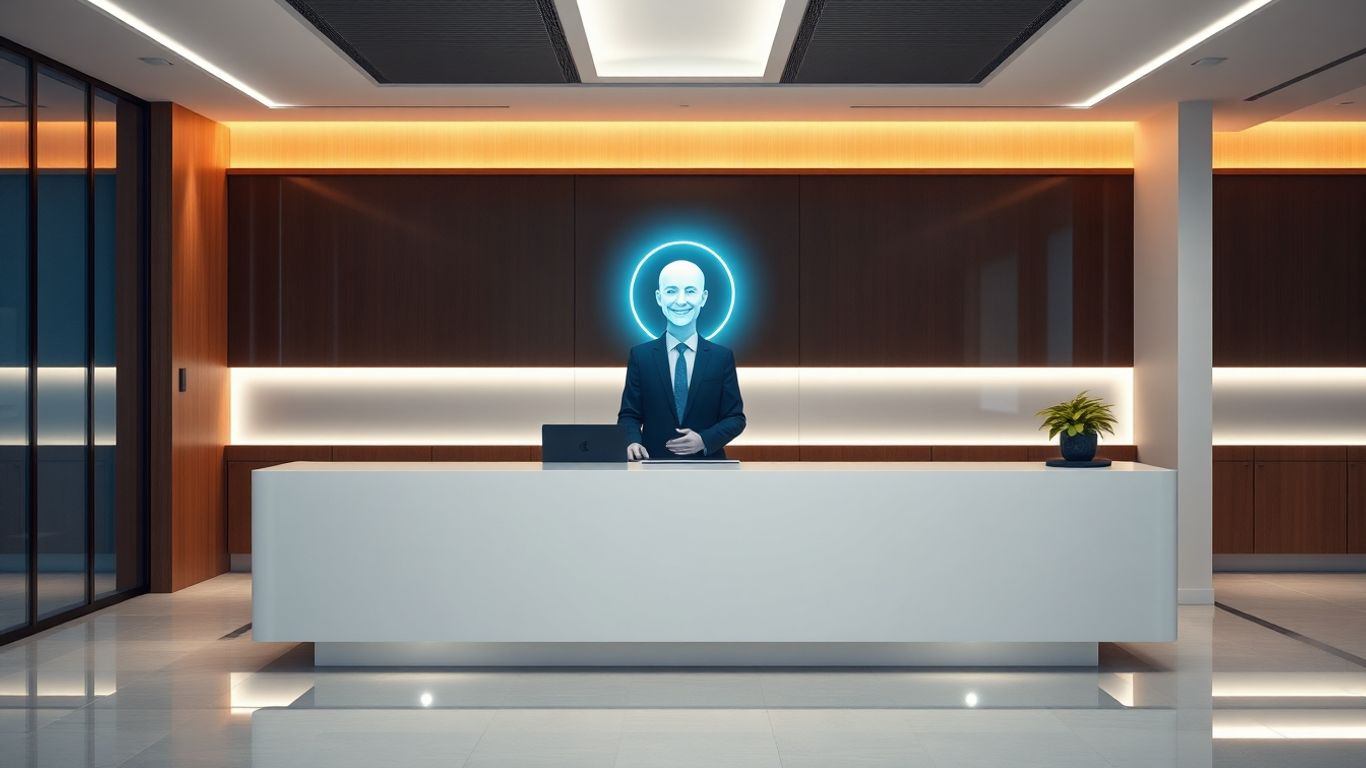 AI receptionist avatar at a modern office desk.