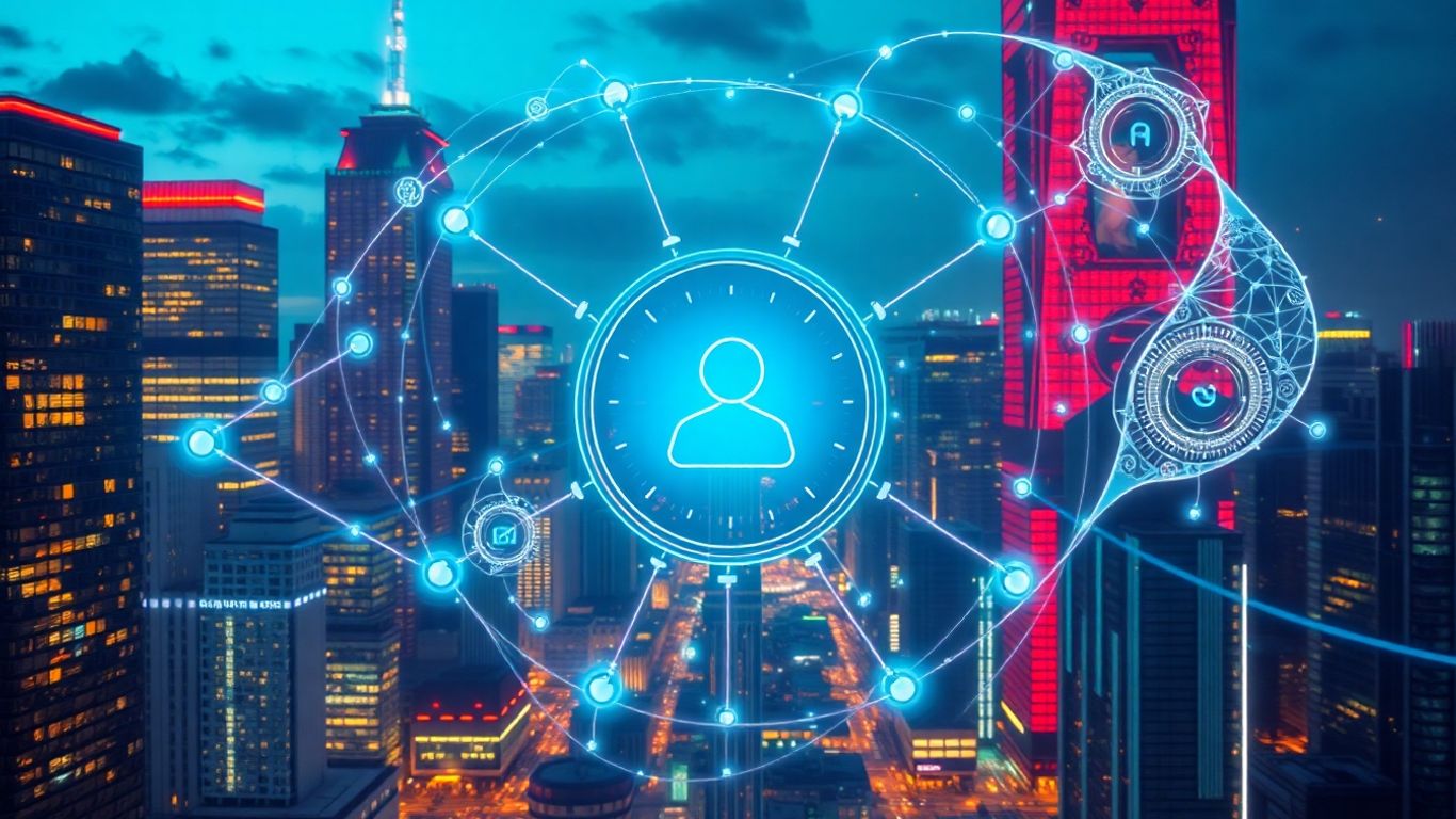 Futuristic AI chatbot interface with glowing networks.