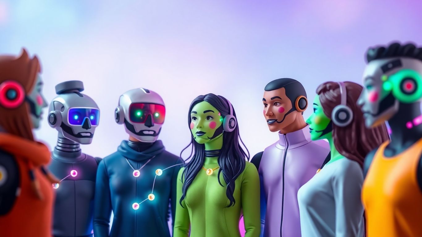 AI chatbot avatars interacting in a colorful digital space.