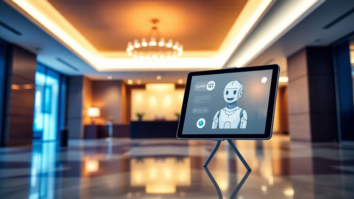 Hotel chatbot interface on a tablet in a modern lobby.