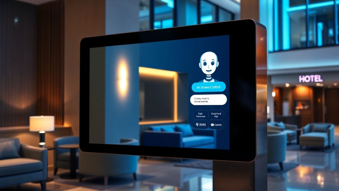 AI chatbot interface in a modern hotel lobby.