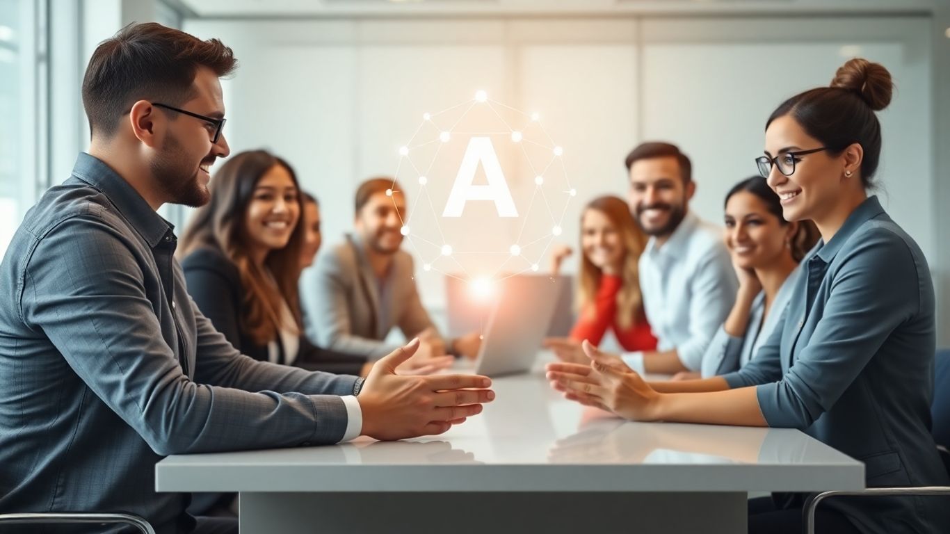 Business team interacting with AI chatbot interface.