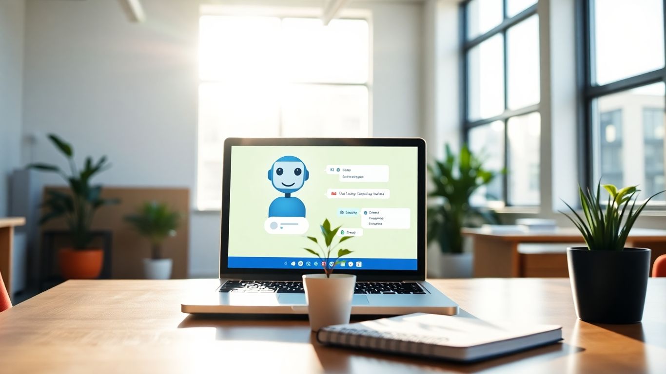 AI chatbot on laptop in a bright office.